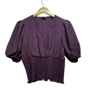 Express Smocked Waist Blouse Top Womens S Plum Wrap V-Neck Puff Sleeves Casual